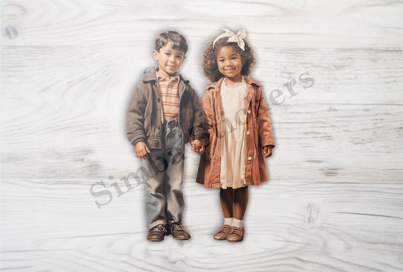 Boy and girls holding hands, smiling, bow in girl&#x27;s hair