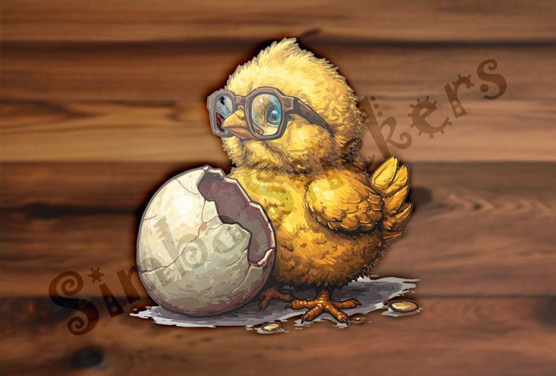 Chick in glasses standing next to mostly intact egg