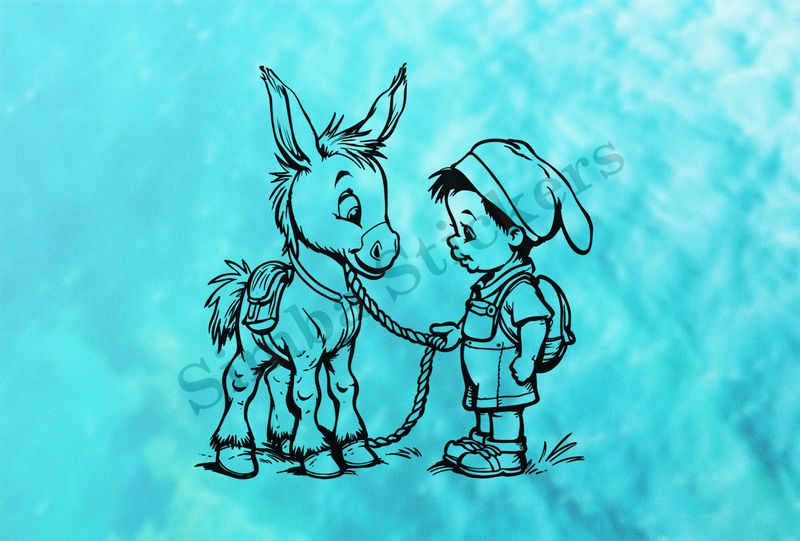 Donkey led on a rope by a small boy, outline art