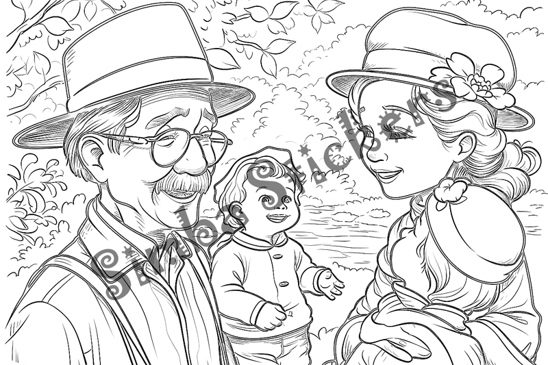 Colouring pages, bundle of people, elderly and grandparents with children, 50 images