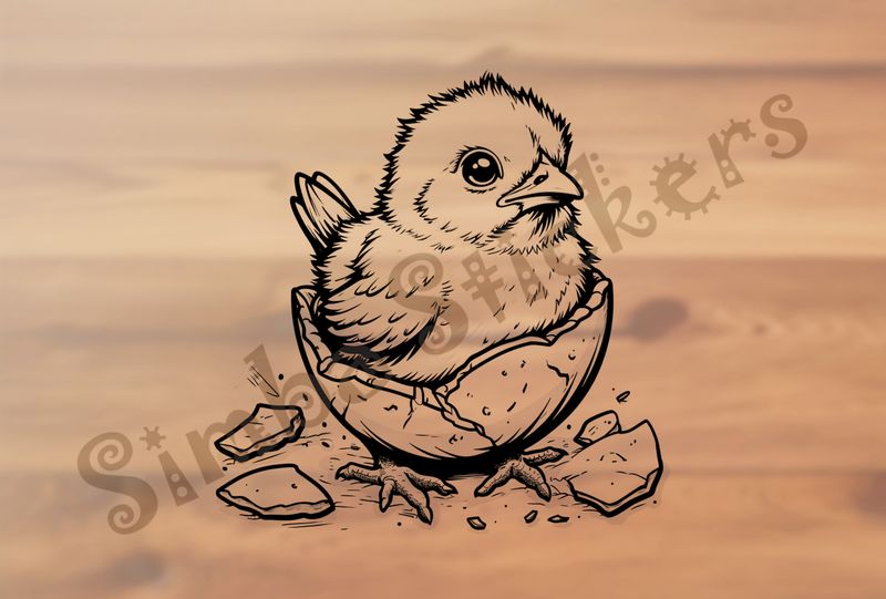Chick still inside shell, feet touching ground, outline art