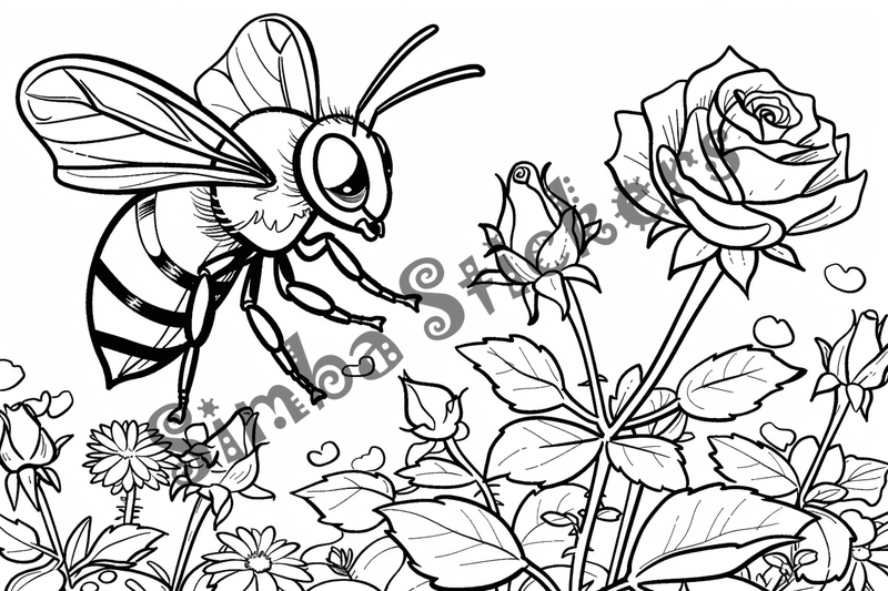 Colouring pages, bundle of bees around flowers, 10 images