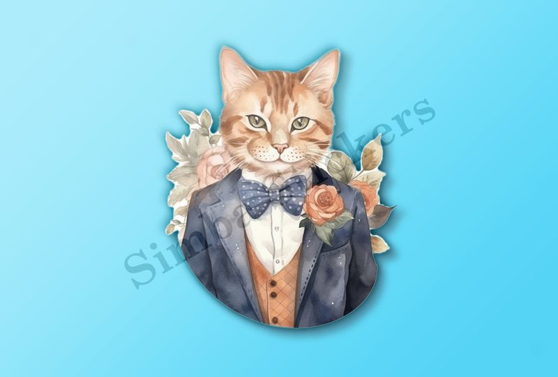 Cat in vitage suit, flower in pocket, watercolour