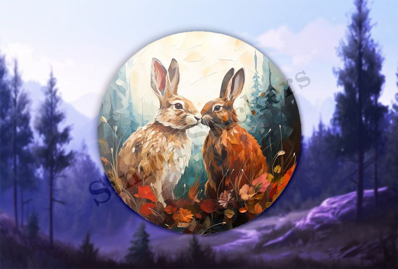 Rabbits in love in autumn leaves, oil painting