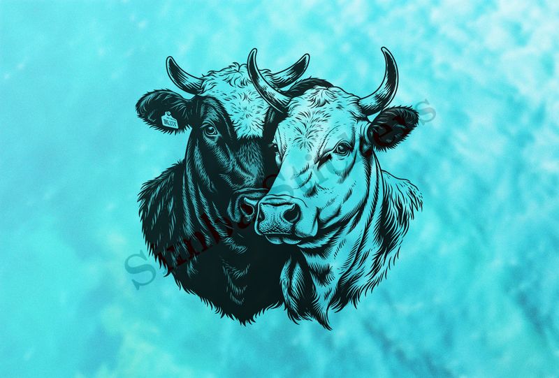 Cattle, one white, one black, cheek-to-cheek, heart in picture, outline art