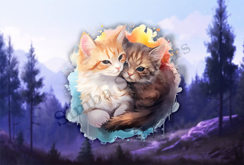 Cats cuddling, watercolour