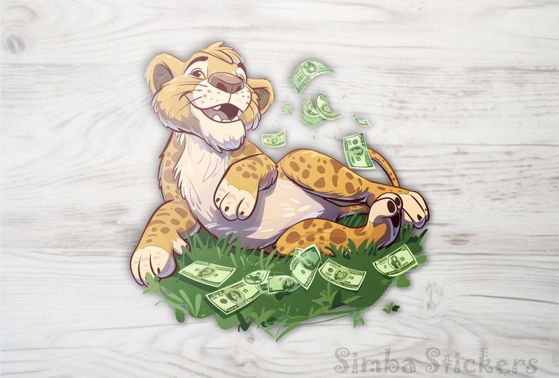 Simba Lion cub lying on flying money