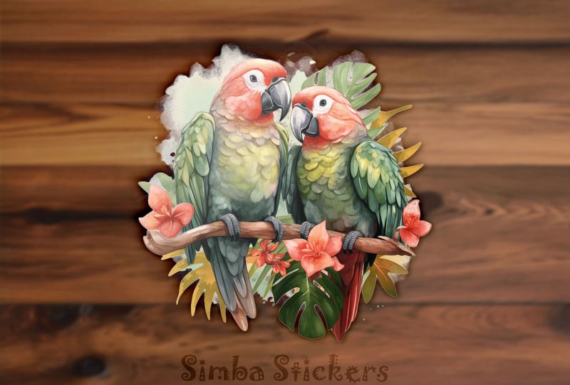Parrots perching romantically, watercolour, 8ad800