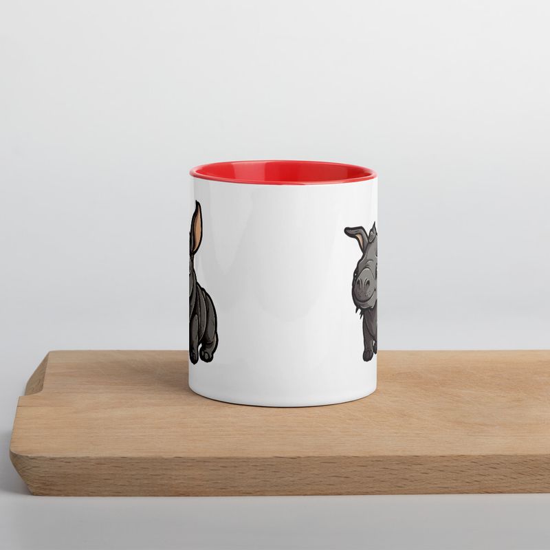 White Ceramic Mug with Color Inside, 11oz &amp; 15oz, Black rhino calf looking cute 