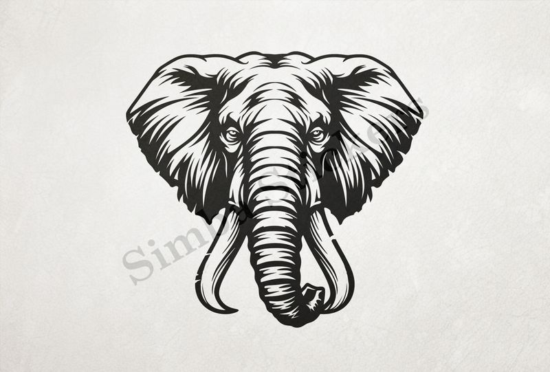 Elephant, face with large trunk and tusks, outline art
