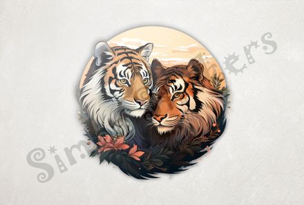 Tigers in love in dark leaves