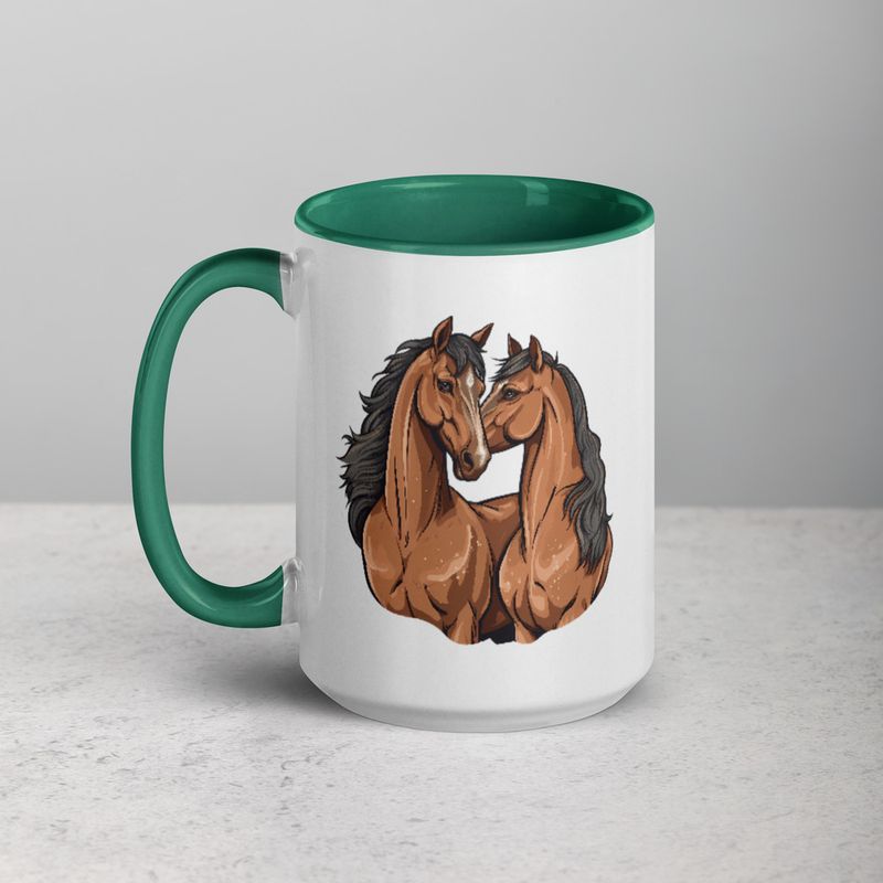 White Ceramic Mug with Color Inside, 11&amp;15oz, Two brown horses snuggling, tdwcyd