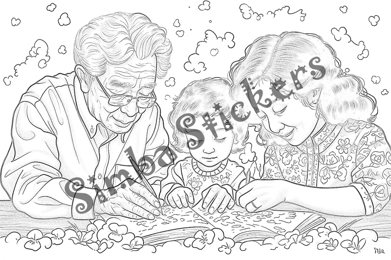 Colouring pages, bundle of people, multi-generational family, 10 images