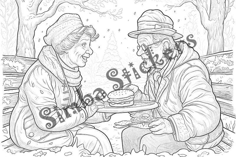 Colouring pages, bundle of people, grandparents in love at picnic, 25 images