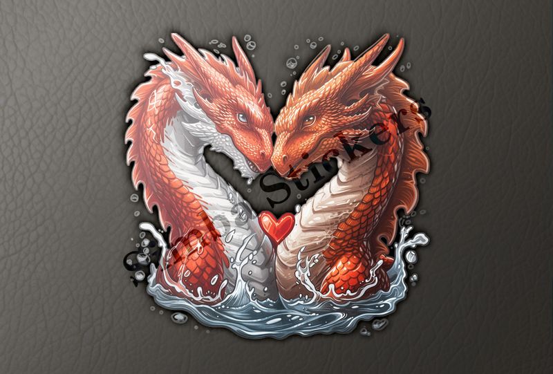 Red dragons in love, in the water, romantic hearts