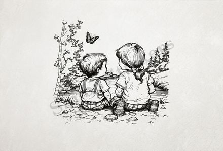 Boy and girl sitting at one end of a pond, outline art