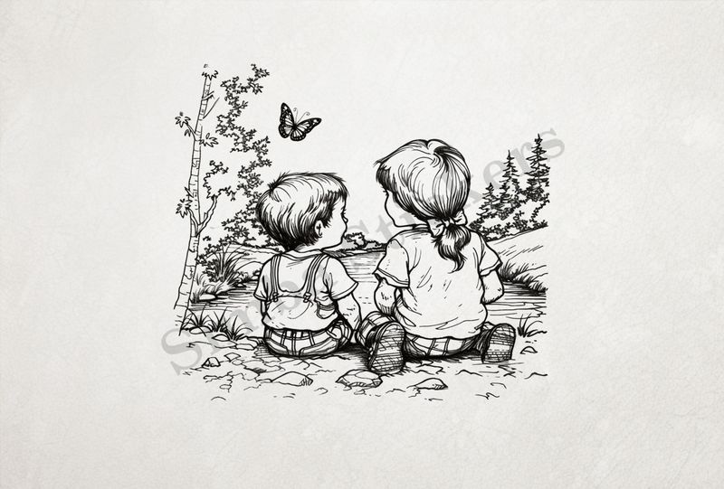 Boy and girl sitting at one end of a pond, outline art