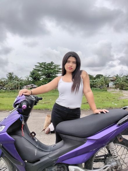 901 - Erika kickstarting and revving Suzuki Smash