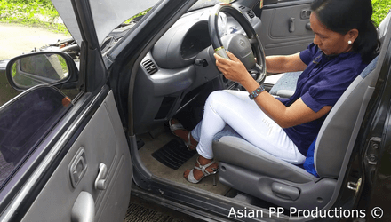 110 - Elaine cranking &amp; revving Nissan in silver heels