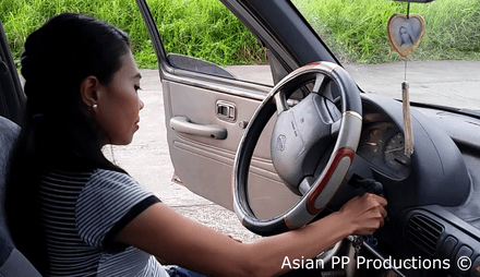 149 - Mae cranking old car barefeet