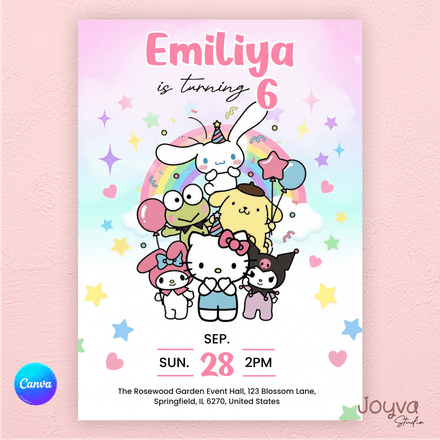 Hello Kitty Birthday Invitation | Editable Pink Party Invite | Digital Canva Template