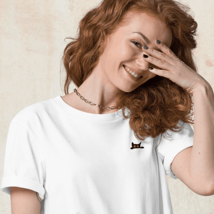 Peeking Cat White Embroidered Tee