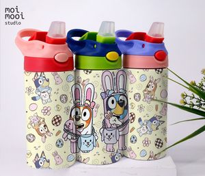 Easter Bunny Bluey Cartoon 12oz Kids Sippy Tumbler Wrap Design