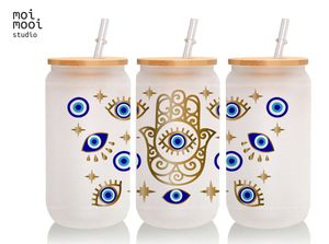 Evil Eye Retro Hippy Blue 16oz Glass Libbey Tumbler Design