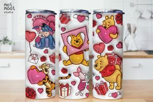 Pooh Valentine Pink 3D Puff 20oz Kids Tumbler Design