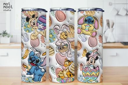 EASTER Disney Pooh Stitch Minnie Egg Hunt Spring Puffy 20oz Tumbler Design