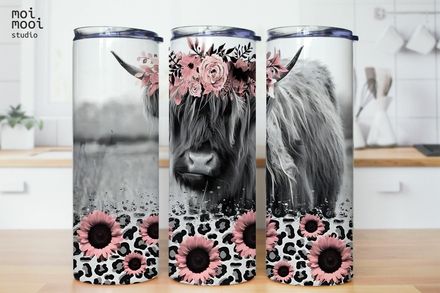 Highland Cow Flower Pink 20oz Tumbler Design