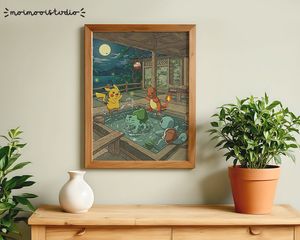 Pokemon Starters Pikachu Charmander Squirtle Bulbasaur in tub Print 8x10