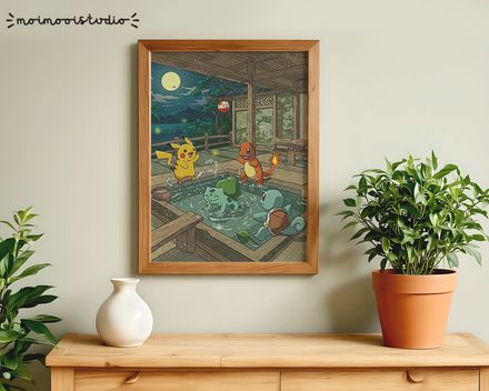 Pokemon Starters Pikachu Charmander Squirtle Bulbasaur in tub Print 8x10