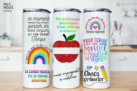 FRENCH Teacher School Pencil Crayon Rainbow Apple Coffee 20oz Tumbler Design
