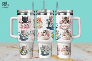 Cute Kitty Teacup Cat 40oz Tumbler Wrap Design