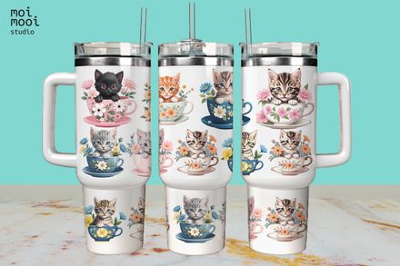 Cute Kitty Teacup Cat 40oz Tumbler Wrap Design