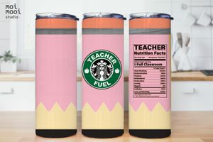 Back to School Teacher Fuel Coffee Pink Pencil Nutrition Facts 20oz Tumbler Design