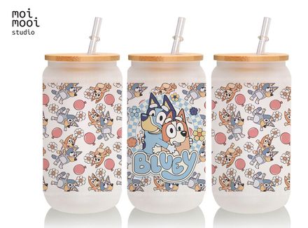 Bluey Cartoon Kids 16oz Glass Libbey Tumbler Wrap Design