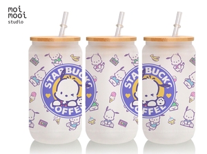 Sanrio Pochacco Kawaii Puppy Coffee 16oz Glass Libbey Tumbler Design