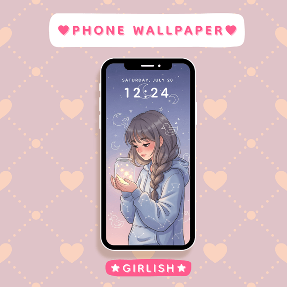 Gray Hair Girl with Glowing Jar and Ducks - Dreamy Night Phone Wallpaper