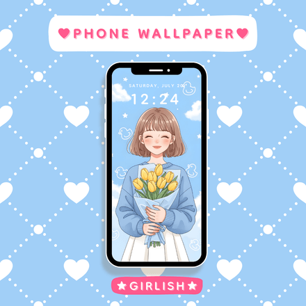 Smiling Girl with Yellow Tulips – Soft Blue Sky Aesthetic Wallpaper