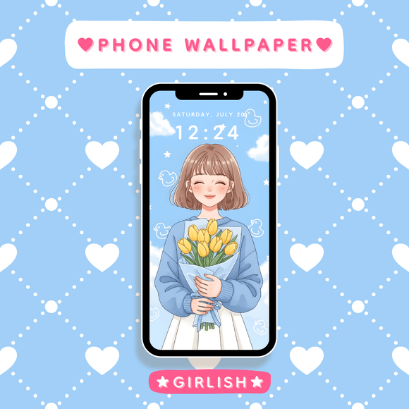 Smiling Girl with Yellow Tulips – Soft Blue Sky Aesthetic Wallpaper