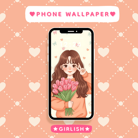 Tulip Girl with Peace Sign – Sweet Pink Spring Aesthetic Wallpaper