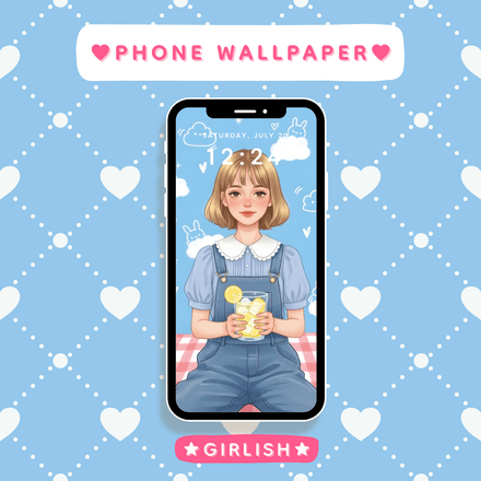 Blonde Bob Girl with Lemonade and Cute Clouds - Sweet Summer Phone Wallpaper
