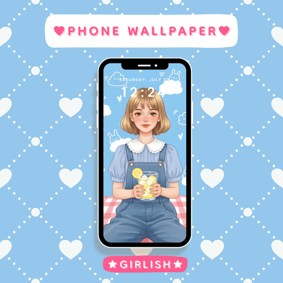 Blonde Bob Girl with Lemonade and Cute Clouds - Sweet Summer Phone Wallpaper