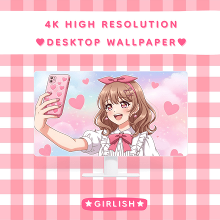 Brown Hair Girl Taking Selfie with Pink Heart Phone - Kawaii Desktop Wallpaper