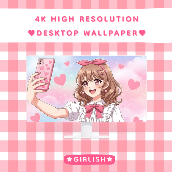 Brown Hair Girl Taking Selfie with Pink Heart Phone - Kawaii Desktop Wallpaper