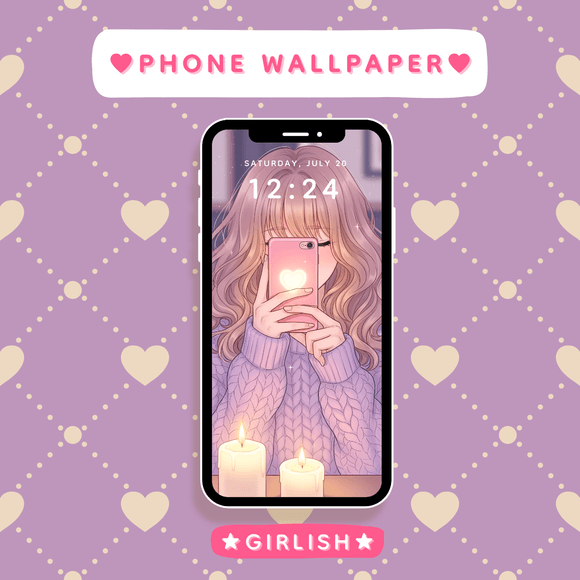 Pink Purple Hair Anime Girl Mirror Selfie with Candles - Cozy Phone Wallpaper