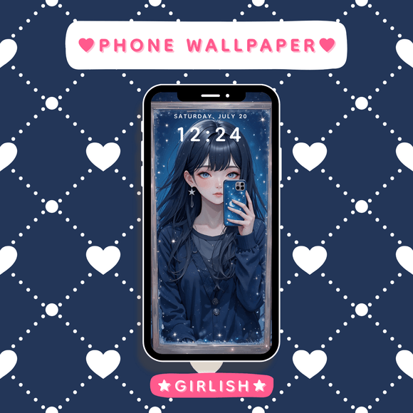 Dark Blue Starry Night Anime Girl Mirror Selfie - Mystical Phone Wallpaper