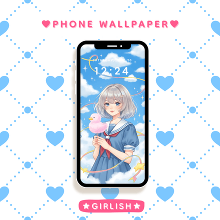 Blue Sky Girl with Pink Duck – Dreamy Cloud Aesthetic Wallpaper